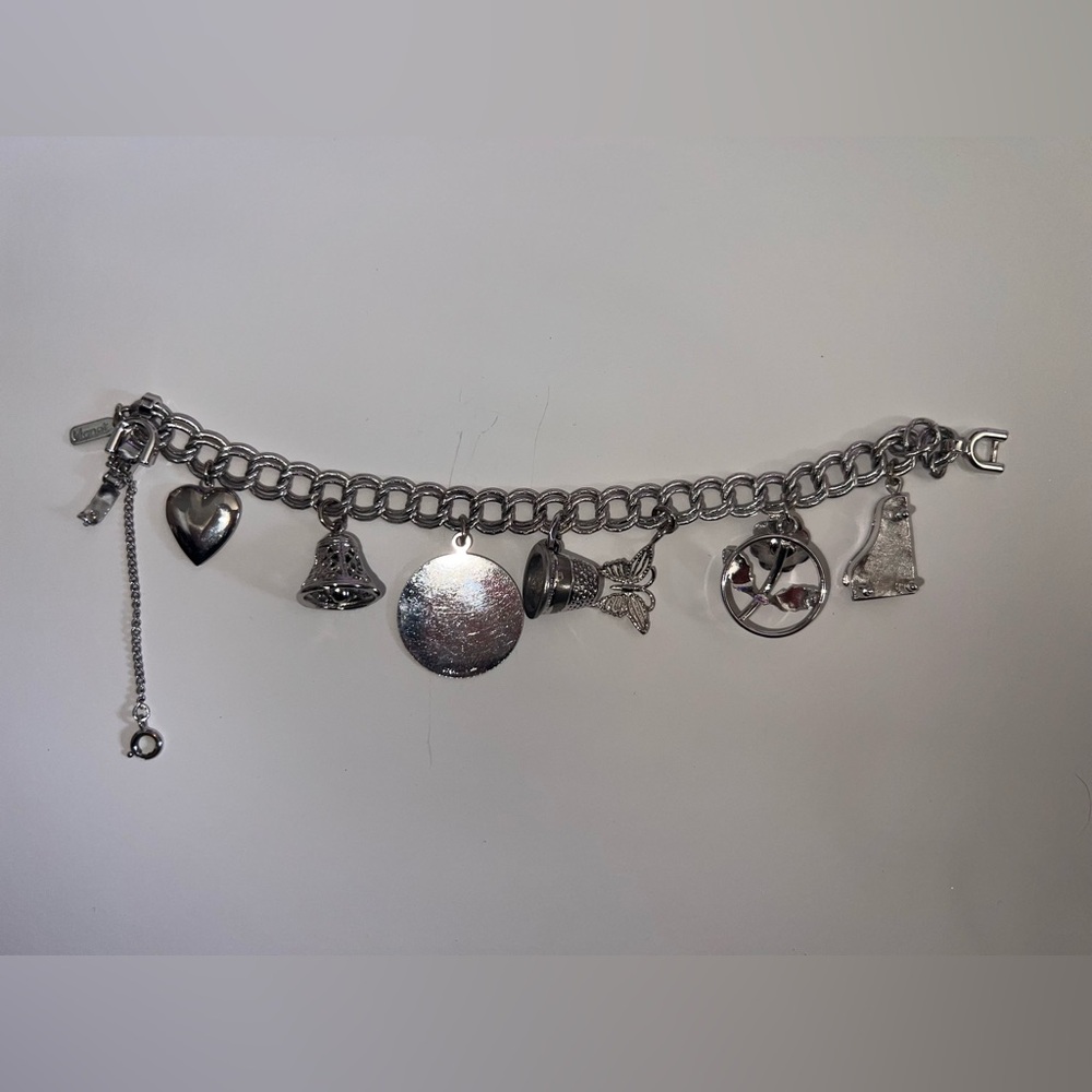 Monet Vintage Silver Charm Bracelet Mechanical Piano and Sterling Silver Charms - Picture 3 of 17
